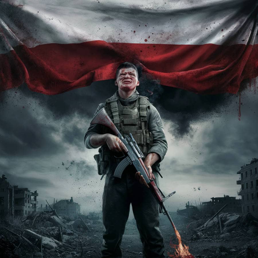 ukrański żołnierz zbrukany krwią polskiego żołnierza